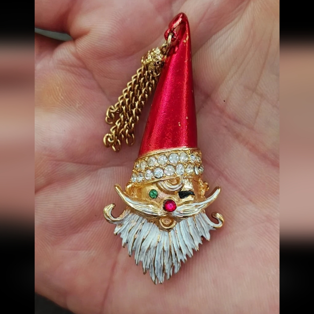 Vintage 60s Signed Mylu Winking Santa Claus With Chain Tassel Brooch.